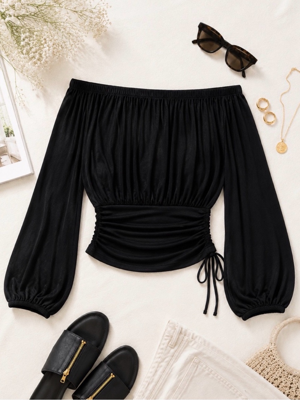 Free People NWT Black Off Shoulder Ruched Boho Top Size Small